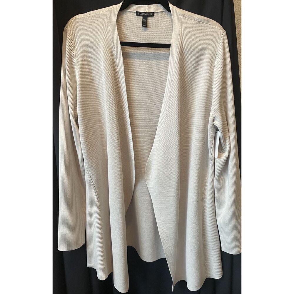 NEW Eileen Fisher Bone Silk/Organic Cotton Interlock Angled Front Cardigan Sz L
